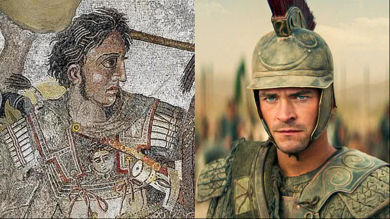 Antigo mosaico retratando Alexandre, o Grande, e sua versão em 'Alexandre: O Nascimento de um Deus', interpretado por Buck Braithwaite - Domínio Público via Wikimedia Commons / Divulgação/Netflix