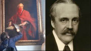O quadro durante o ataque (à esqu.) e Arthur Balfour (à dir.) - Reprodução/Vídeo e George Charles Beresford