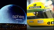 A estrutura intitulada 'Sphere' e o capacete de Ayrton Senna - Wikimedia Commons, sob licença Creative Commons e Getty Imagens
