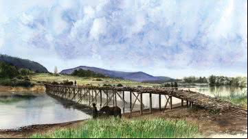Ilustração imagina a ponte em questão - P. Roeschli, Laténium – Archaeological Park and Museum, Neuchâtel