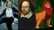 Cena de '10 Coisas que Eu Odeio em Você' (1999), retrato de William Shakespeare, e cena de 'O Rei Leão' (1994) - Reprodução/Buena Vista Pictures Distribution / Domínio Público via Wikimedia Commons / Reprodução/Disney