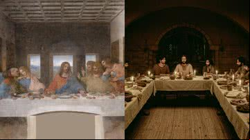 A "Última Ceia" por da Vinci (à esqu.) e imagem de The Chosen (à dir.) - Wikimedia Commons e Divulgação