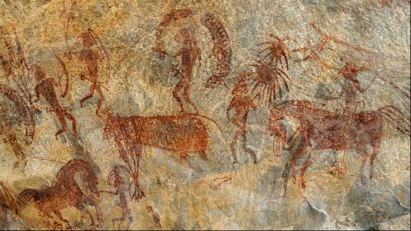 Pintura rupestre de Bhimbetka, na Índia - Getty Images