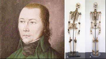 Retrato de Schinderhannes; à direita, os esqueletos de Schwarzer Jonas e Schinderhannes, respectivamente - Divulgação/Esquerda: Stadtarchiv Mainz; à direita: W. Parson et al., Forensic Science International