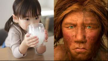 Imagem ilustrativa de menina asiática bebendo leite e reconstrução de face de mulher neandertal - Getty Images