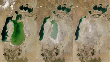 Evolução do Mar de Aral com o ar dos anos (2000, 2007, 2014) - Divulgação/NASA Earth Observatory