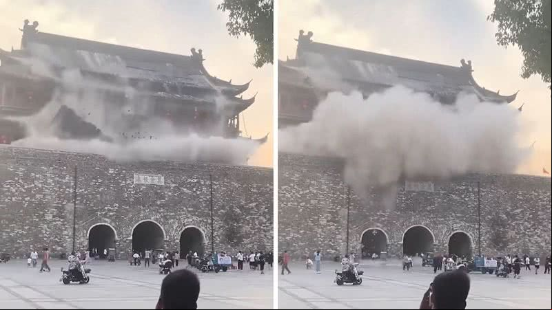 Momento do desabamento parcial da Torre do Tambor de Fengyang - Reprodução/X