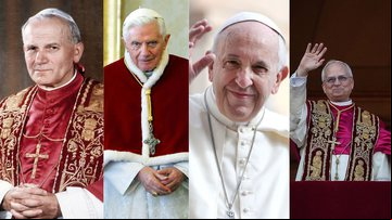Da esq. para dir.: João Paulo II, Bento XVI, Francisco e Leão XIV - Getty Images