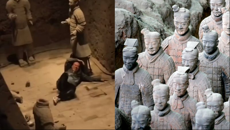 Imagem de homem perto de guerreiros de terracota, e fotografia de outras esculturas de argila do local - Reprodução/X/Weibo / Getty Images
