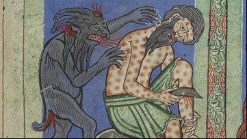 Ilustração medieval representando Jó, acometido de lepra - Domínio Público