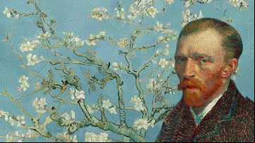 Autorretrato de Vincent van Gogh com a obra 'Amendoeira em Flor' ao fundo - Domínio Público via Wikimedia Commons