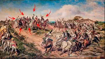 Quadro 'Independência ou Morte', de Pedro Américo, com setas apontando para personagem do artigo - Domínio Público via Wikimedia Commons
